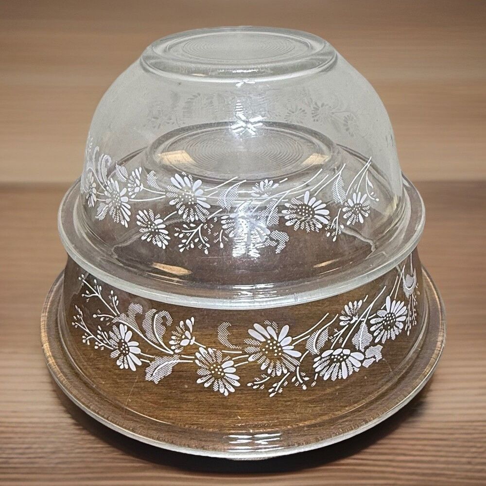 Vintage Pyrex Clear Mixing Bowl Set 322 323 Floral Nesting Daisy Colonial Mist